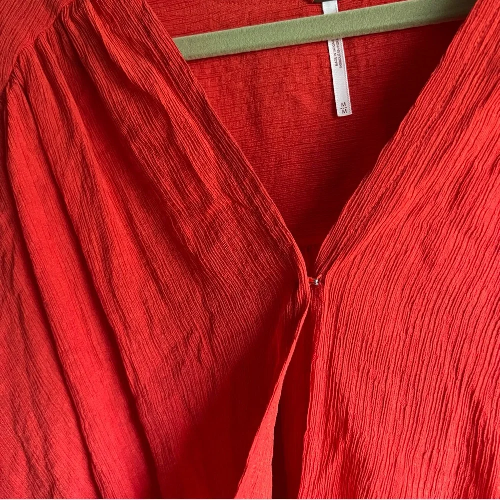 Free People Check On It Wrap Crinkle Crepe Blouse Top in Flame Red, size M